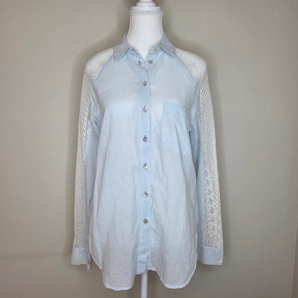 Striped Crochet Sleeve Cotton Button Down Shirt Coastal Cottagecore Size‎ M